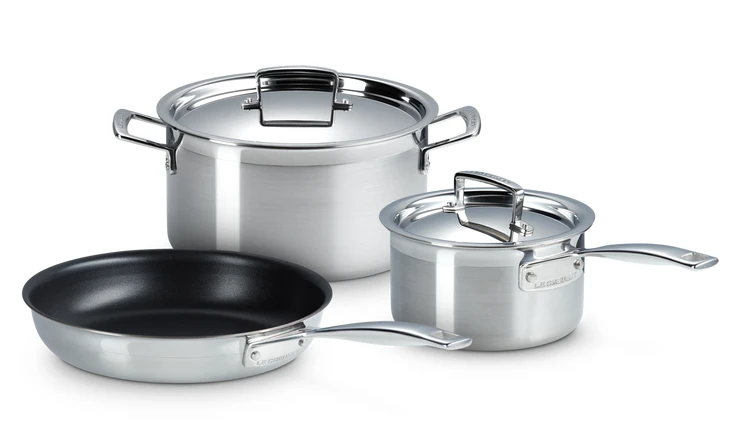 Le Creuset 3- Delige Pannenset 3-ply - RVS - Inductie - Koekenpan, Kookpan & Steelpan - Inclusief 2 Deksels 3 Le Creuset 3- Delige Pannenset 3-ply - RVS - Inductie - Koekenpan, Kookpan & Steelpan - Inclusief 2 Deksels
