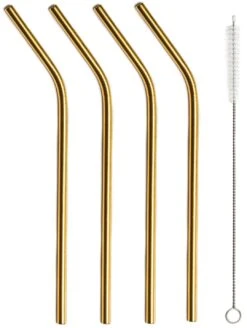 Sareva Herbruikbare Rietjes - Met Borstel - Goud - Gebogen - 4 Stuks -Beste Keukengerei Sareva Rietjes gebogen goud 1